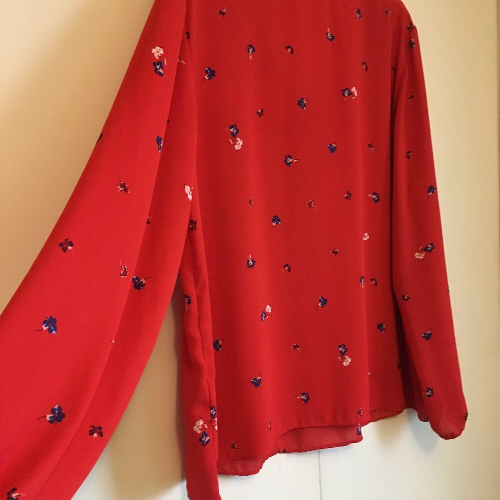Joe Fresh Poppy Red Sheer Floral Blouse Peasant Sleeve V-Neck XL - Picture 9 of 16